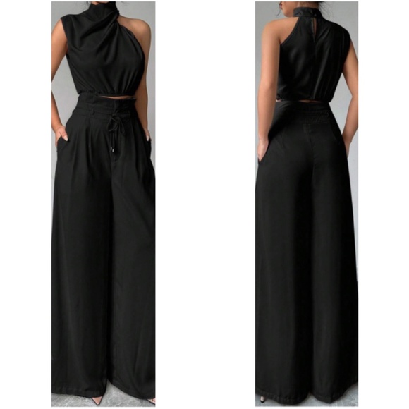 Classic Solid One Shoulder Wide leg Pants Set - Picture 2 of 8
